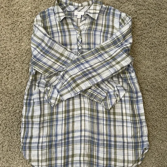 J. Jill Love Linen Blue and Green Plaid Linen Shirt with Pockets | Petite Small - Picture 10 of 12